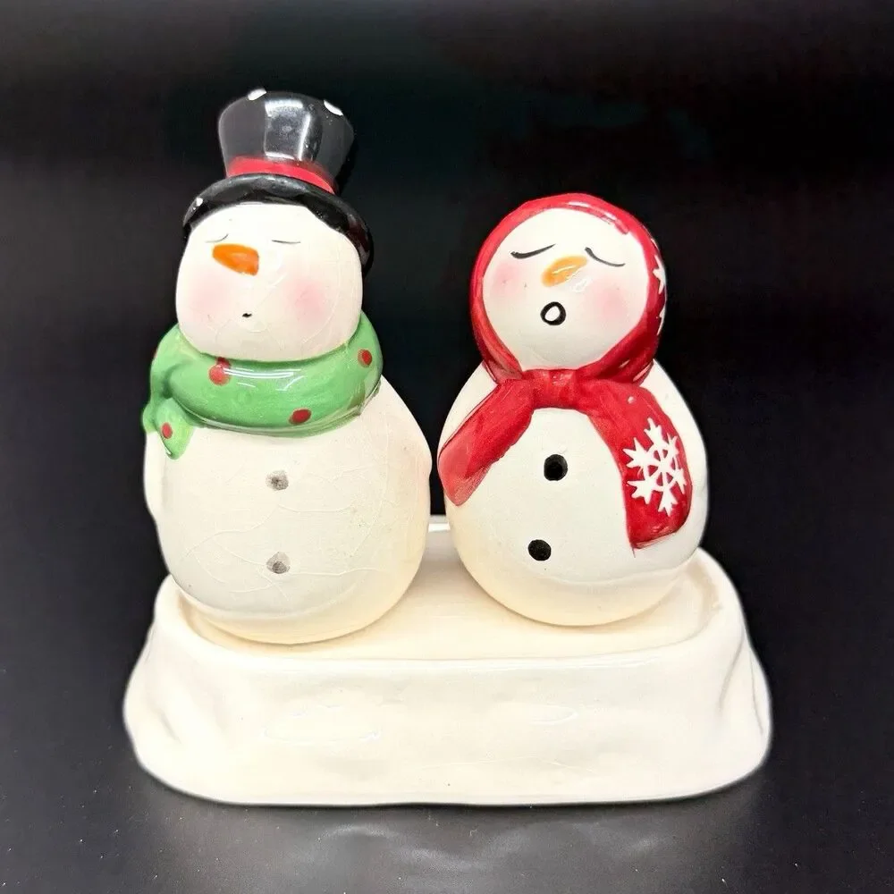Vtg Snowman Salt Pepper Shakers w Tray Christmas Ceramic Mr Mrs Holiday Decor